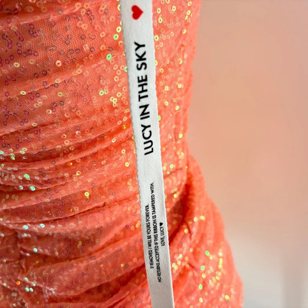 Lucy in the Sky Iridescent Sequin Corset Dress in Peach dress homecoming mini